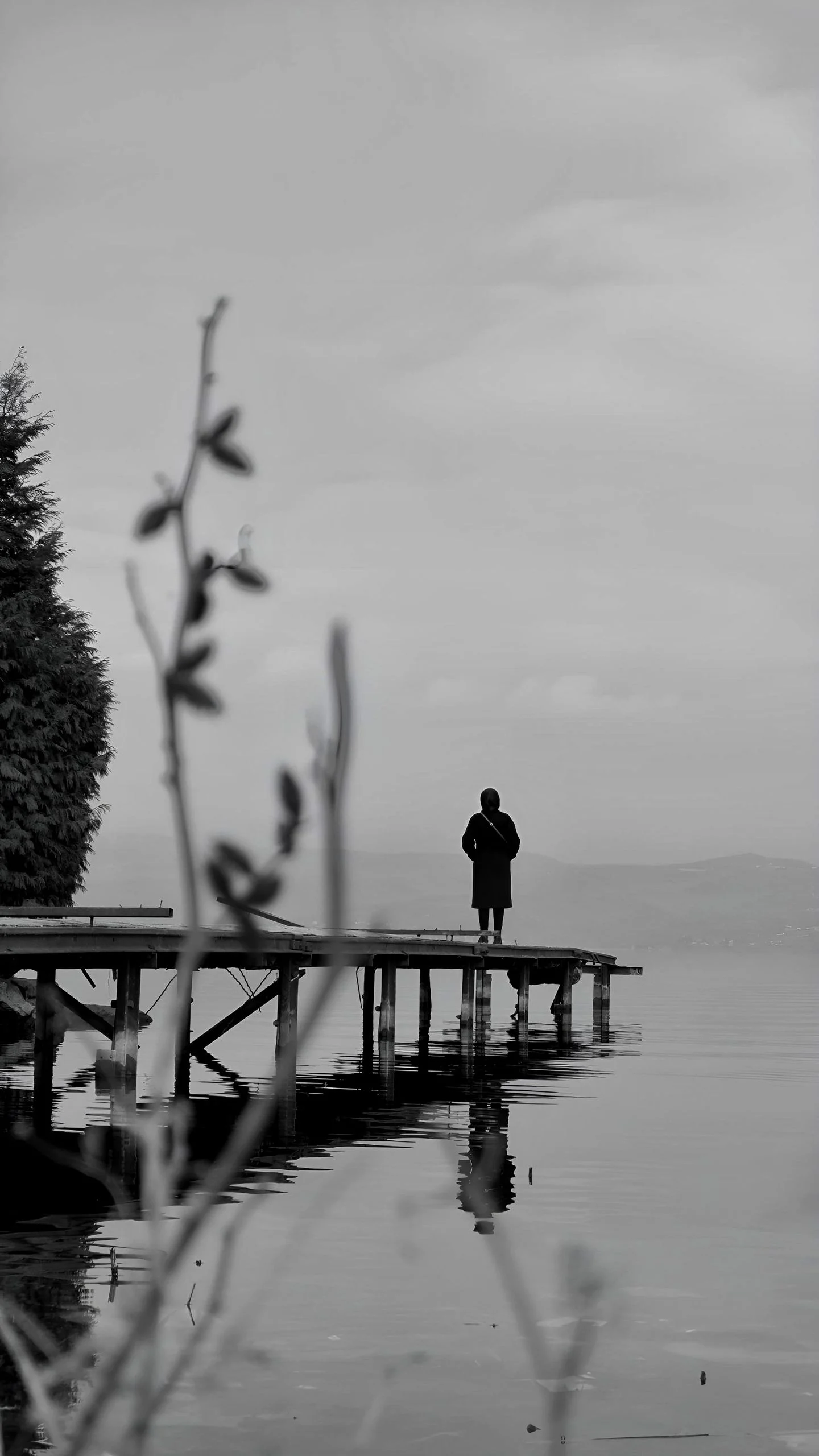 Silhouette of a person standing on a pier over a calm lake under an overcast sky.