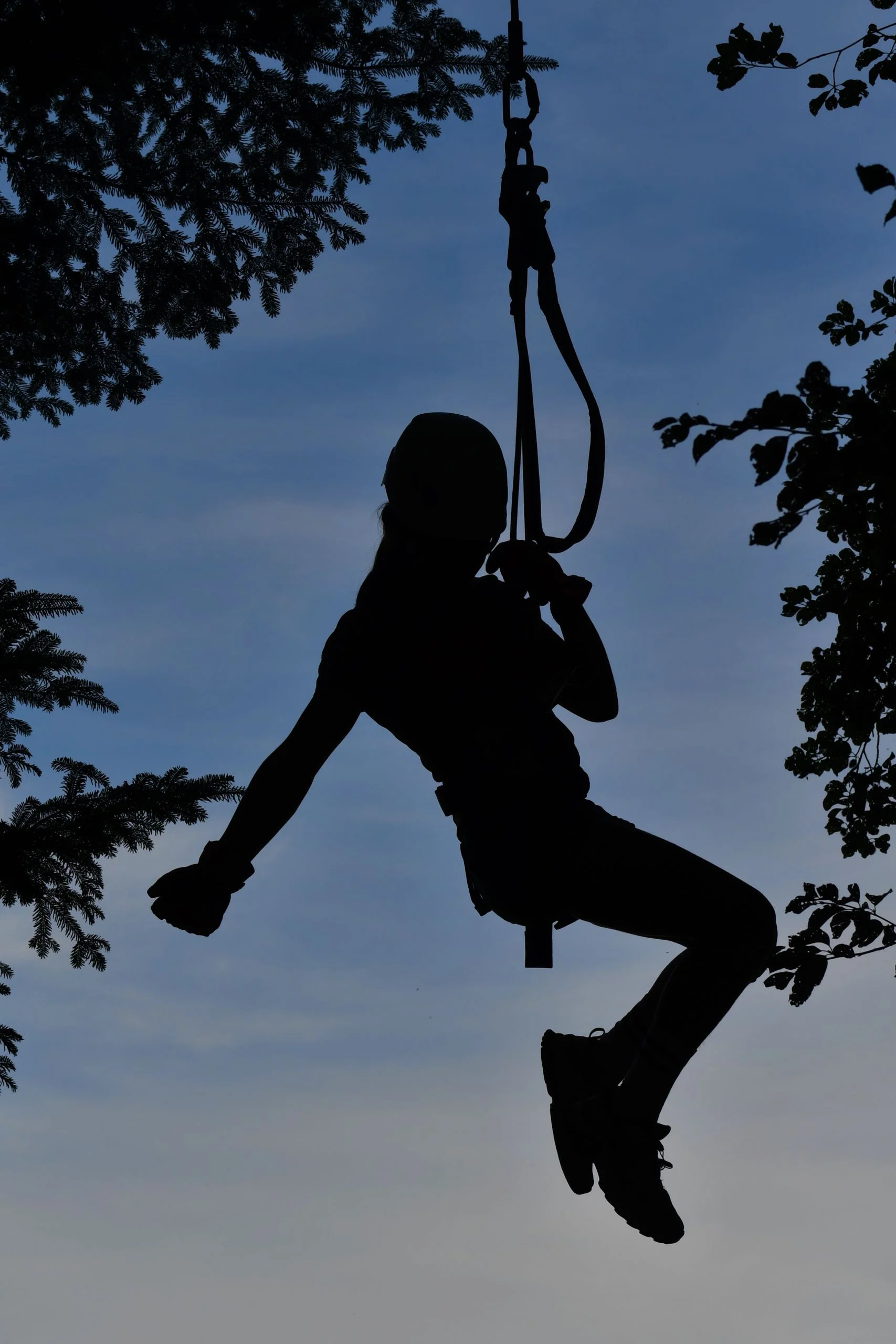 Silhouette of a person ziplining at dusk, showing adventure and freedom.